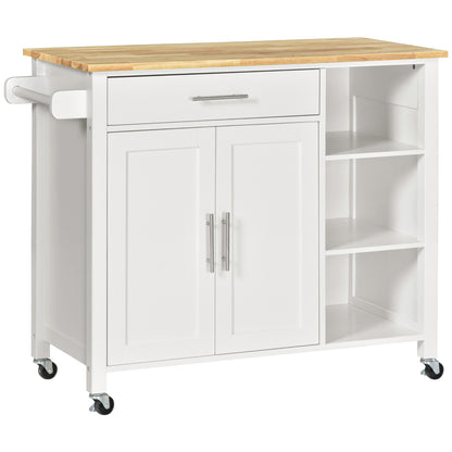 Kitchen Island with Wheels Kitchen Storage Cart with 1 Drawer 2 Doors 3 Open Shelves and Side Bar for Dining Room 107.5x48x89 cm White