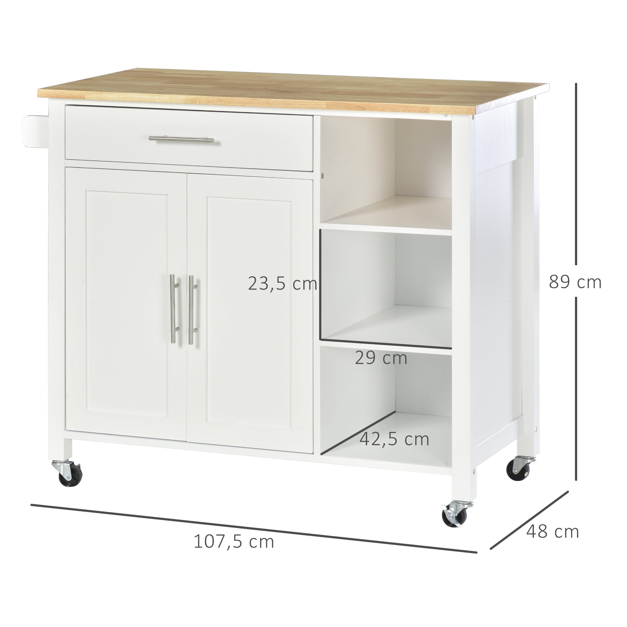 Kitchen Island with Wheels Kitchen Storage Cart with 1 Drawer 2 Doors 3 Open Shelves and Side Bar for Dining Room 107.5x48x89 cm White