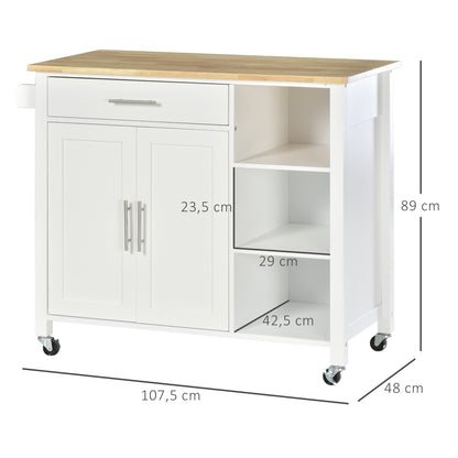 Kitchen Island with Wheels Kitchen Storage Cart with 1 Drawer 2 Doors 3 Open Shelves and Side Bar for Dining Room 107.5x48x89 cm White