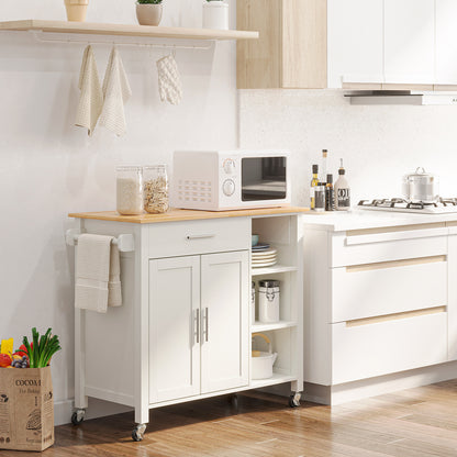 Kitchen Island with Wheels Kitchen Storage Cart with 1 Drawer 2 Doors 3 Open Shelves and Side Bar for Dining Room 107.5x48x89 cm White