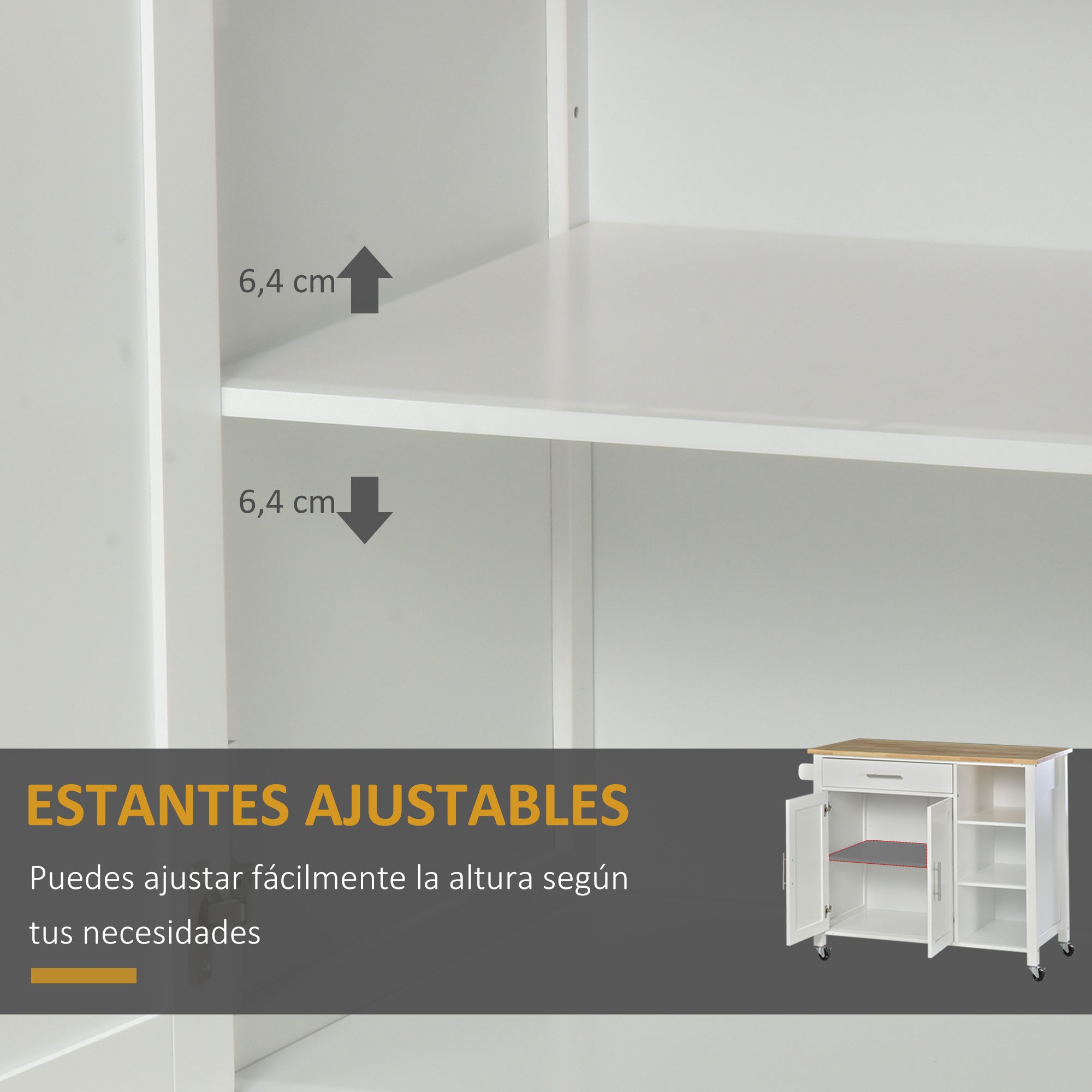 Kitchen Island with Wheels Kitchen Storage Cart with 1 Drawer 2 Doors 3 Open Shelves and Side Bar for Dining Room 107.5x48x89 cm White