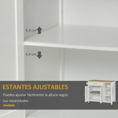 Kitchen Island with Wheels Kitchen Storage Cart with 1 Drawer 2 Doors 3 Open Shelves and Side Bar for Dining Room 107.5x48x89 cm White