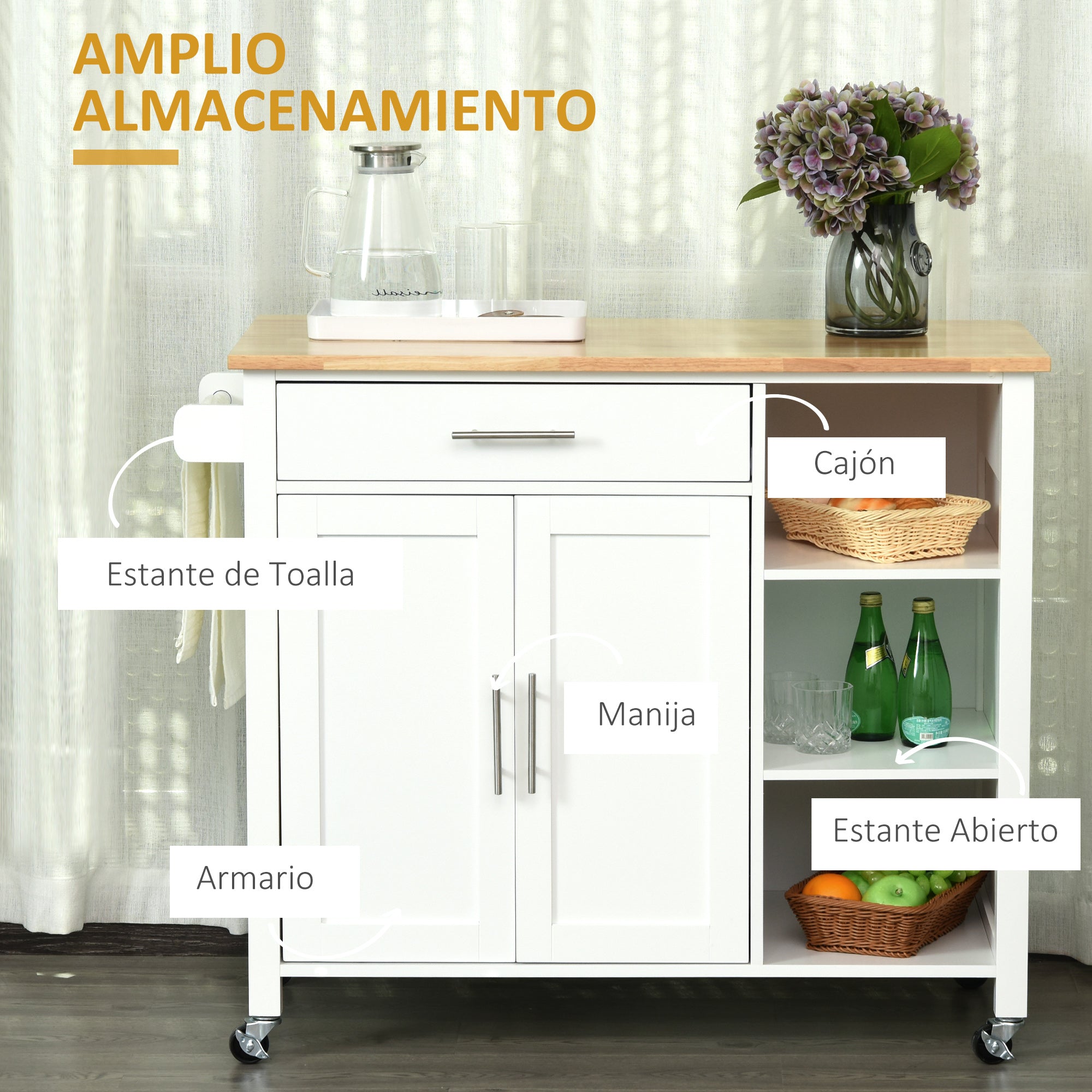 Kitchen Island with Wheels Kitchen Storage Cart with 1 Drawer 2 Doors 3 Open Shelves and Side Bar for Dining Room 107.5x48x89 cm White