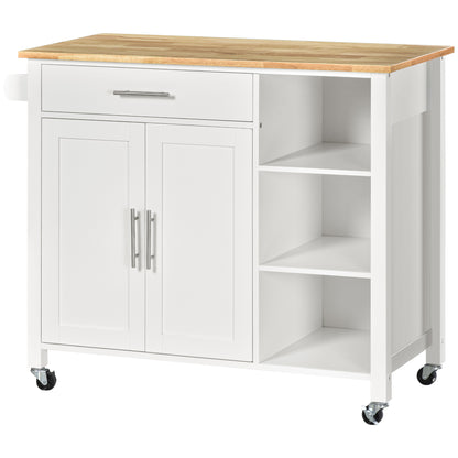 Kitchen Island with Wheels Kitchen Storage Cart with 1 Drawer 2 Doors 3 Open Shelves and Side Bar for Dining Room 107.5x48x89 cm White