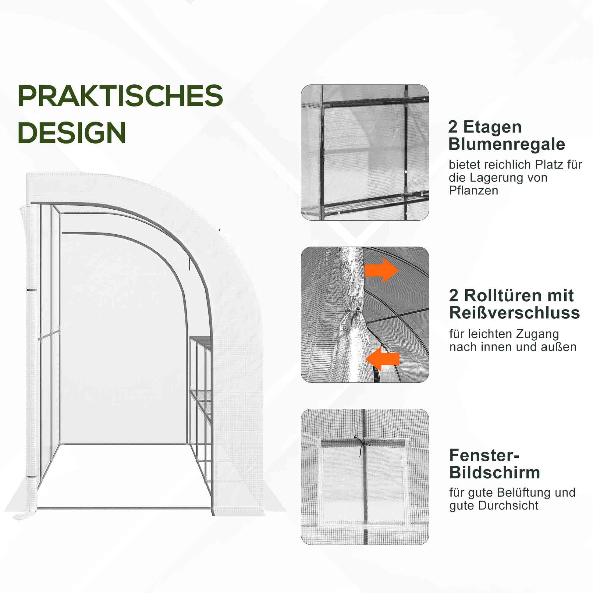 Greenhouse with Shelves Windows, Winterproof Foil Greenhouse made of Steel, Wall-mounted greenhouse for Balcony, Garden, Tomato house 300x150x213cm Tomato Greenhouse for Vegetables Flowers Plants White