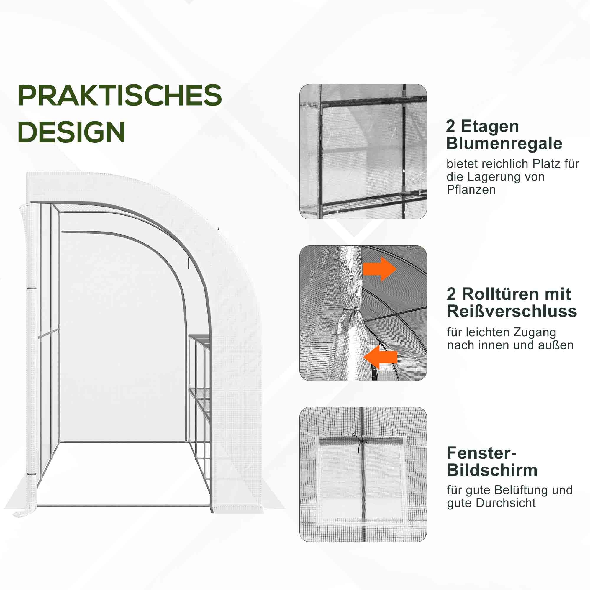 Greenhouse with Shelves Windows, Winterproof Foil Greenhouse made of Steel, Wall-mounted greenhouse for Balcony, Garden, Tomato house 300x150x213cm Tomato Greenhouse for Vegetables Flowers Plants White