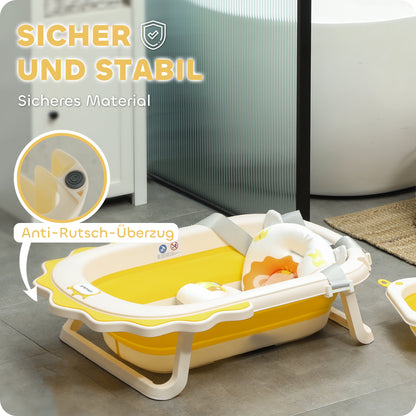 Foldable Baby Bathtub with Bath Pillow, Foldable Baby Bathtub with Lion Patterns, Non-Slip Baby Bath Tub with Sink, Shower Tray for Toddlers 0-3 Years, Yellow