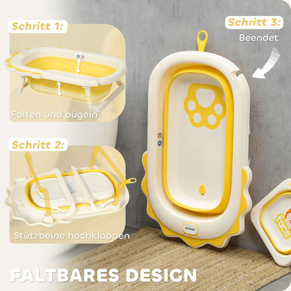 Foldable Baby Bathtub with Bath Pillow, Foldable Baby Bathtub with Lion Patterns, Non-Slip Baby Bath Tub with Sink, Shower Tray for Toddlers 0-3 Years, Yellow
