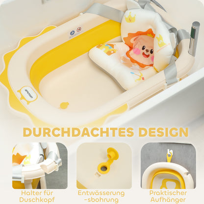 Foldable Baby Bathtub with Bath Pillow, Foldable Baby Bathtub with Lion Patterns, Non-Slip Baby Bath Tub with Sink, Shower Tray for Toddlers 0-3 Years, Yellow