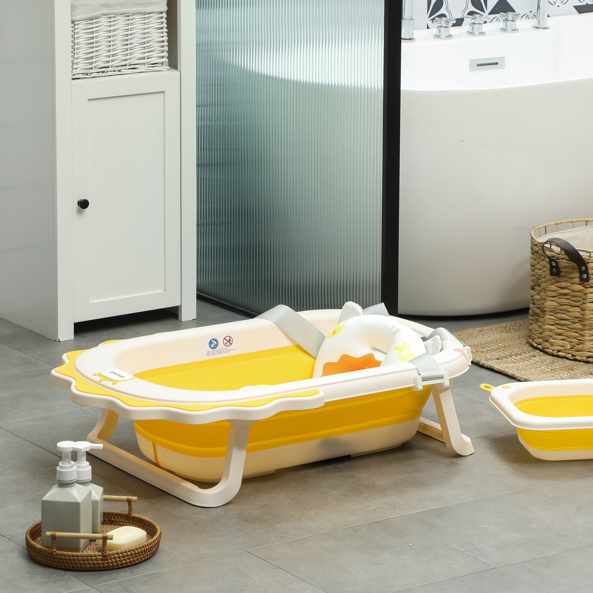 Foldable Baby Bathtub with Bath Pillow, Foldable Baby Bathtub with Lion Patterns, Non-Slip Baby Bath Tub with Sink, Shower Tray for Toddlers 0-3 Years, Yellow