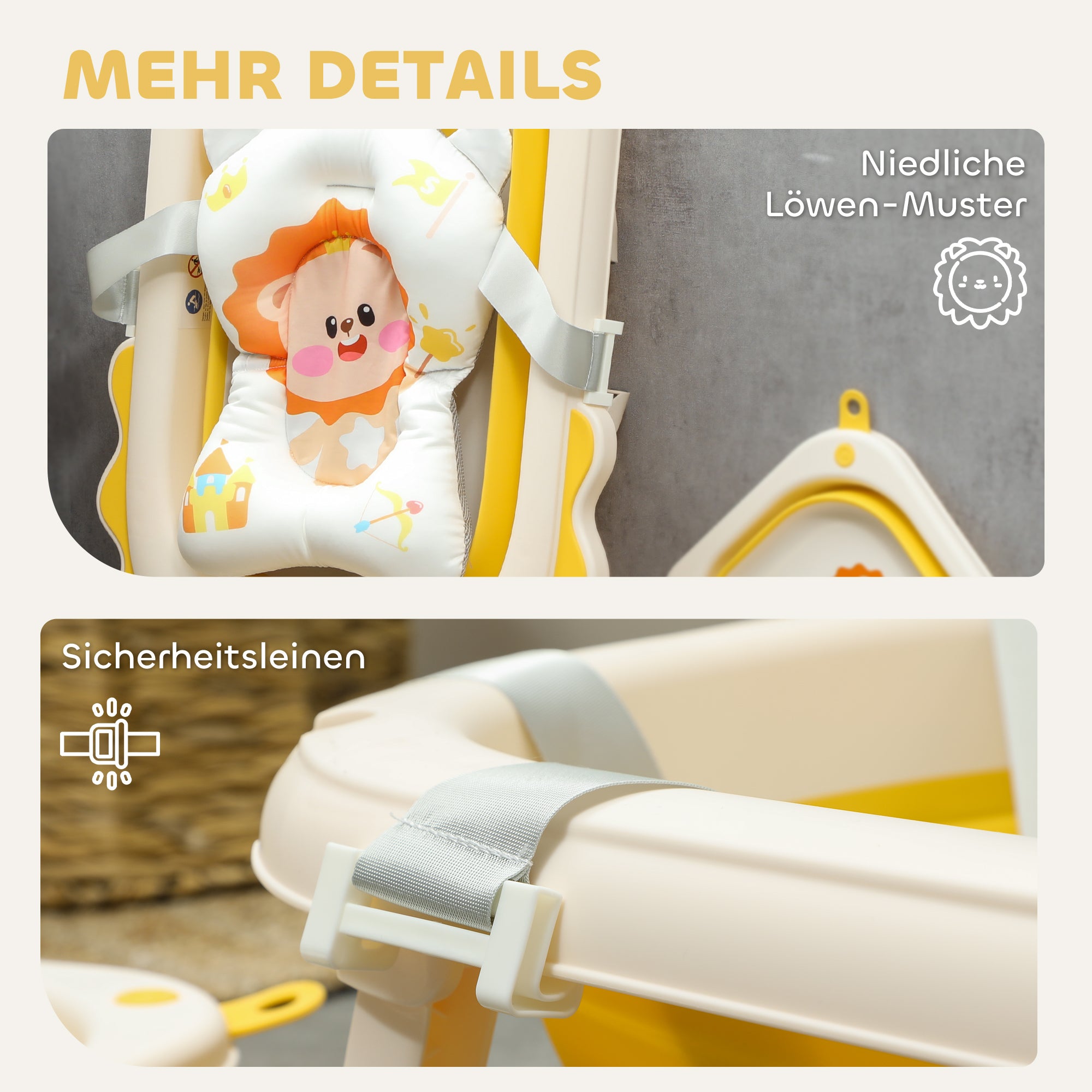 Foldable Baby Bathtub with Bath Pillow, Foldable Baby Bathtub with Lion Patterns, Non-Slip Baby Bath Tub with Sink, Shower Tray for Toddlers 0-3 Years, Yellow