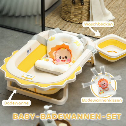 Foldable Baby Bathtub with Bath Pillow, Foldable Baby Bathtub with Lion Patterns, Non-Slip Baby Bath Tub with Sink, Shower Tray for Toddlers 0-3 Years, Yellow