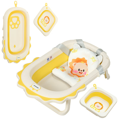 Foldable Baby Bathtub with Bath Pillow, Foldable Baby Bathtub with Lion Patterns, Non-Slip Baby Bath Tub with Sink, Shower Tray for Toddlers 0-3 Years, Yellow