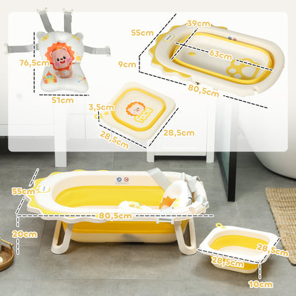 Foldable Baby Bathtub with Bath Pillow, Foldable Baby Bathtub with Lion Patterns, Non-Slip Baby Bath Tub with Sink, Shower Tray for Toddlers 0-3 Years, Yellow