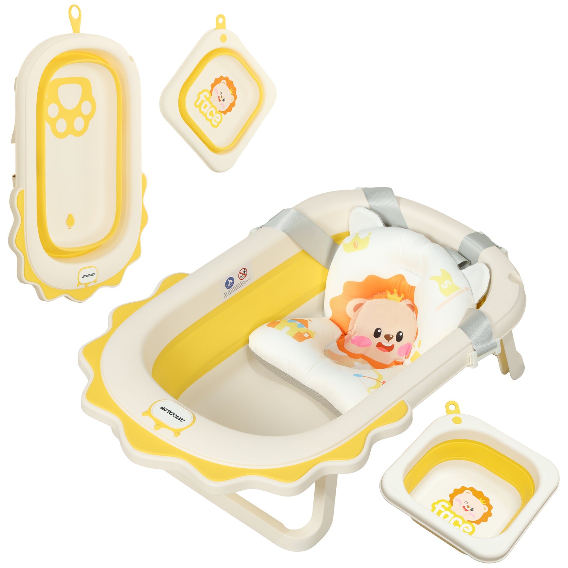 Foldable Baby Bathtub with Bath Pillow, Foldable Baby Bathtub with Lion Patterns, Non-Slip Baby Bath Tub with Sink, Shower Tray for Toddlers 0-3 Years, Yellow