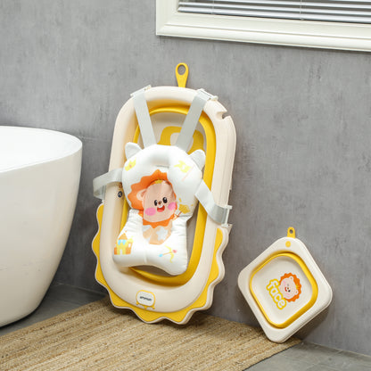 Foldable Baby Bathtub with Bath Pillow, Foldable Baby Bathtub with Lion Patterns, Non-Slip Baby Bath Tub with Sink, Shower Tray for Toddlers 0-3 Years, Yellow