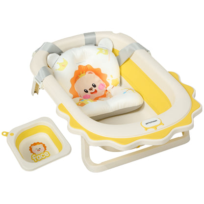 Foldable Baby Bathtub with Bath Pillow, Foldable Baby Bathtub with Lion Patterns, Non-Slip Baby Bath Tub with Sink, Shower Tray for Toddlers 0-3 Years, Yellow