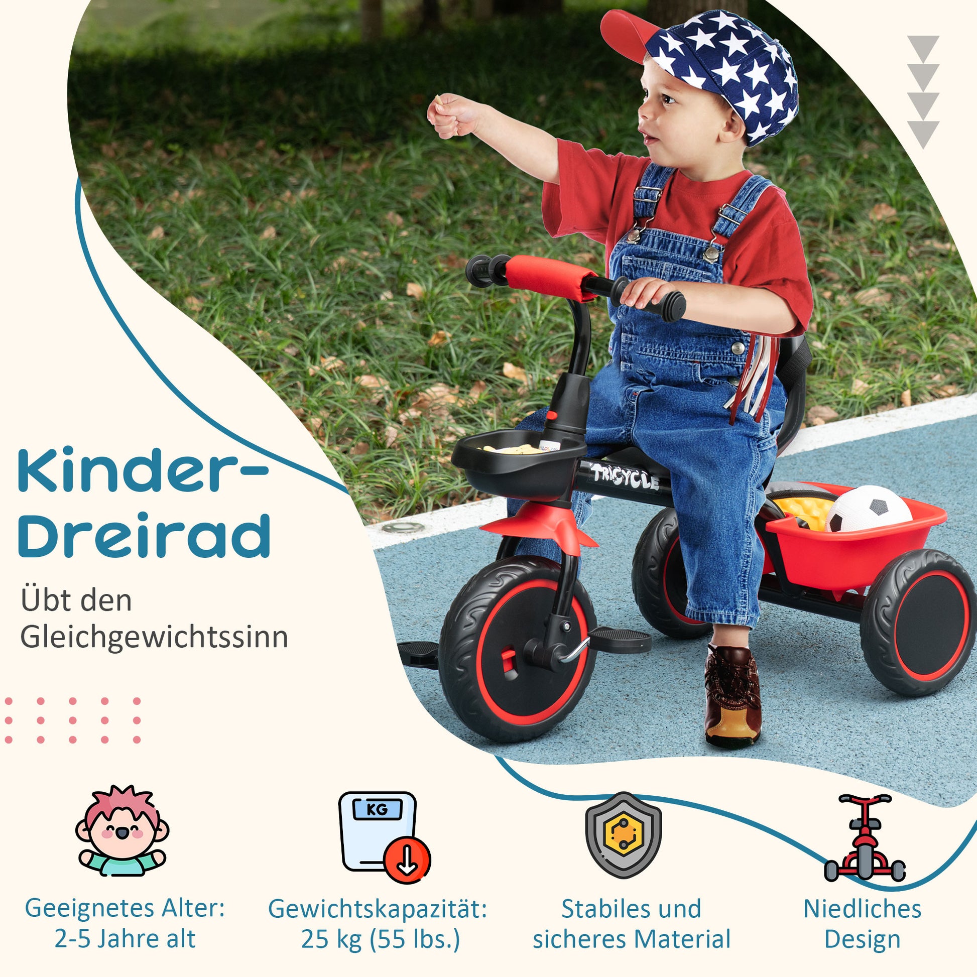 Tricycle Kids Tricycle Children's Bike with Pelvic Belt Pedals, Bike Basket, Kids Bike with Adjustable Seat for Children 2-5 Years Red + Black, 80 x 48 x 63 cm