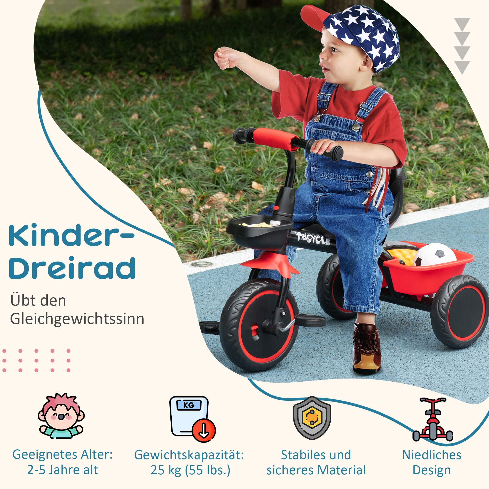 Tricycle Kids Tricycle Children's Bike with Pelvic Belt Pedals, Bike Basket, Kids Bike with Adjustable Seat for Children 2-5 Years Red + Black, 80 x 48 x 63 cm