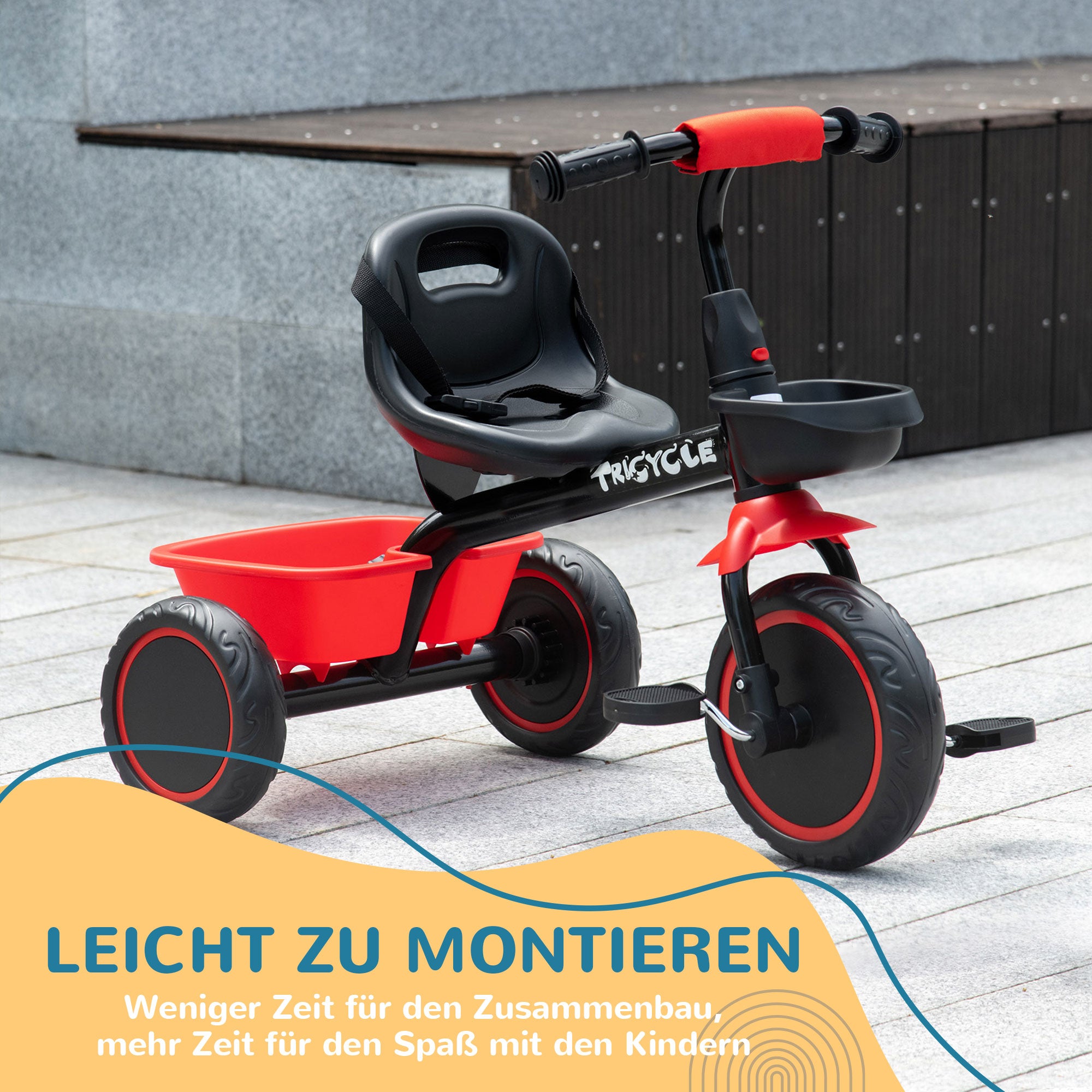 Tricycle Kids Tricycle Children's Bike with Pelvic Belt Pedals, Bike Basket, Kids Bike with Adjustable Seat for Children 2-5 Years Red + Black, 80 x 48 x 63 cm