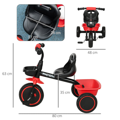 Tricycle Kids Tricycle Children's Bike with Pelvic Belt Pedals, Bike Basket, Kids Bike with Adjustable Seat for Children 2-5 Years Red + Black, 80 x 48 x 63 cm