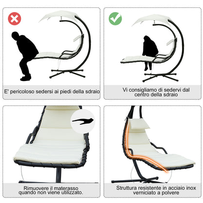 Suspended Garden Lounge Chair, Padded Hanging Bed for Outdoor with Sunshade, Cream 190x115x190cm