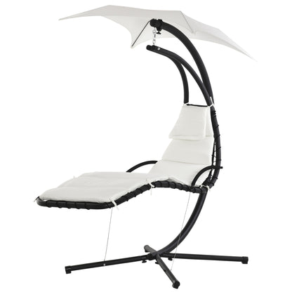 Suspended Garden Lounge Chair, Padded Hanging Bed for Outdoor with Sunshade, Cream 190x115x190cm
