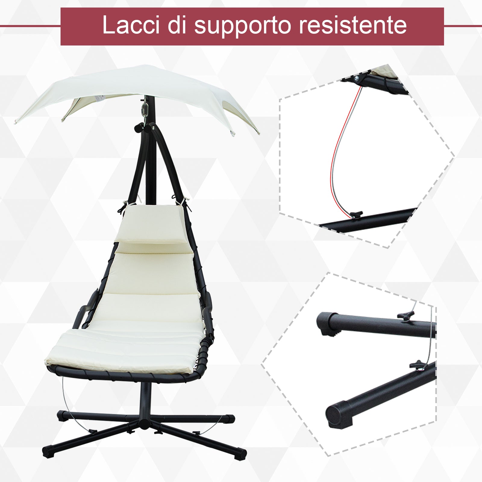 Suspended Garden Lounge Chair, Padded Hanging Bed for Outdoor with Sunshade, Cream 190x115x190cm