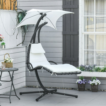 Suspended Garden Lounge Chair, Padded Hanging Bed for Outdoor with Sunshade, Cream 190x115x190cm