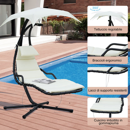Suspended Garden Lounge Chair, Padded Hanging Bed for Outdoor with Sunshade, Cream 190x115x190cm