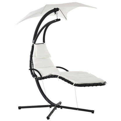Suspended Garden Lounge Chair, Padded Hanging Bed for Outdoor with Sunshade, Cream 190x115x190cm