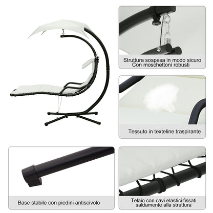 Suspended Garden Lounge Chair, Padded Hanging Bed for Outdoor with Sunshade, Cream 190x115x190cm