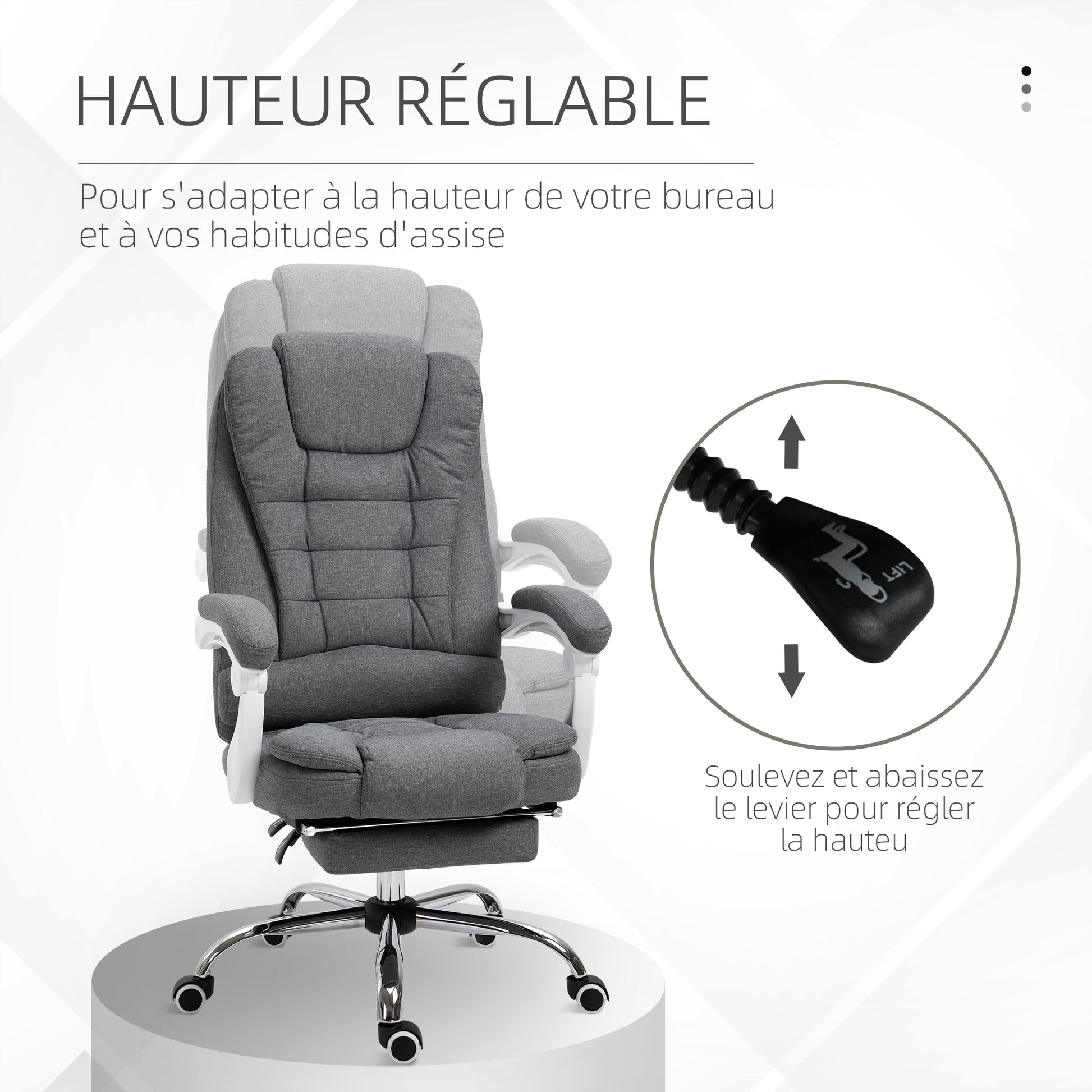 Ergonomic Office Chair with Footrest, Office Chair with Reclining Backrest, Padded Armrests, Linen-Like Grey Fabric