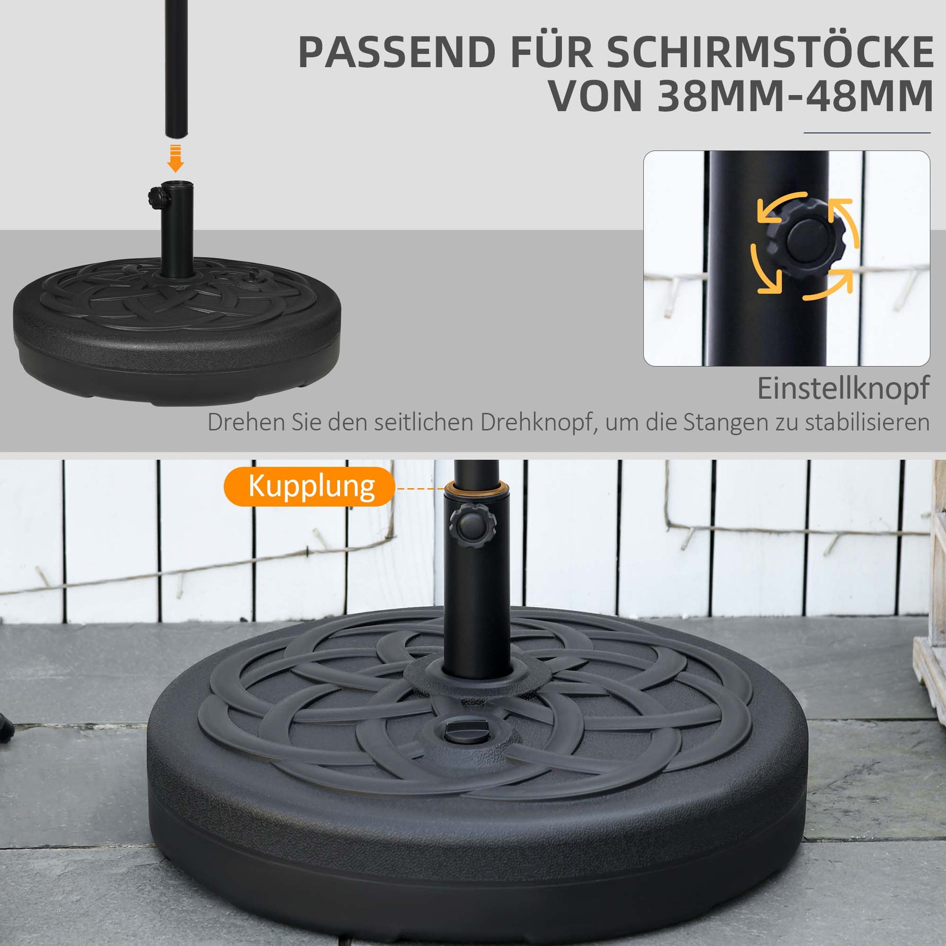 Parasol Stand Up to 35 kg Fillable Umbrella Stand, Round Parasol Holder, Umbrella Weight, Stand for Umbrella Ø38/48 mm, for Balcony, Terrace, Garden, Black