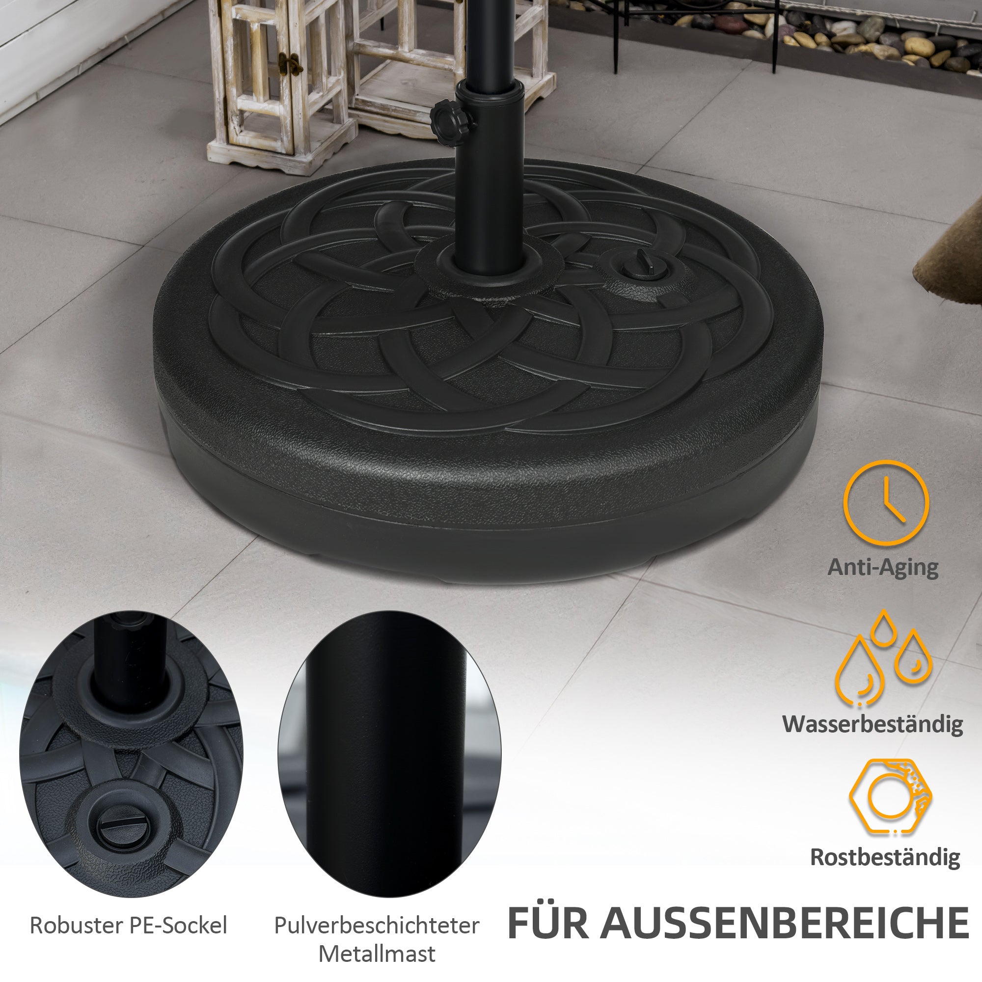 Parasol Stand Up to 35 kg Fillable Umbrella Stand, Round Parasol Holder, Umbrella Weight, Stand for Umbrella Ø38/48 mm, for Balcony, Terrace, Garden, Black