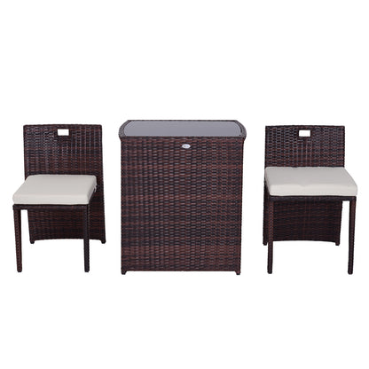 2-Piece Space-Saving Rattan Garden Furniture Set with 1 Table 66x50x73 cm and 2 Chairs 44x51x69.5 cm with Cushions, Brown and Beige