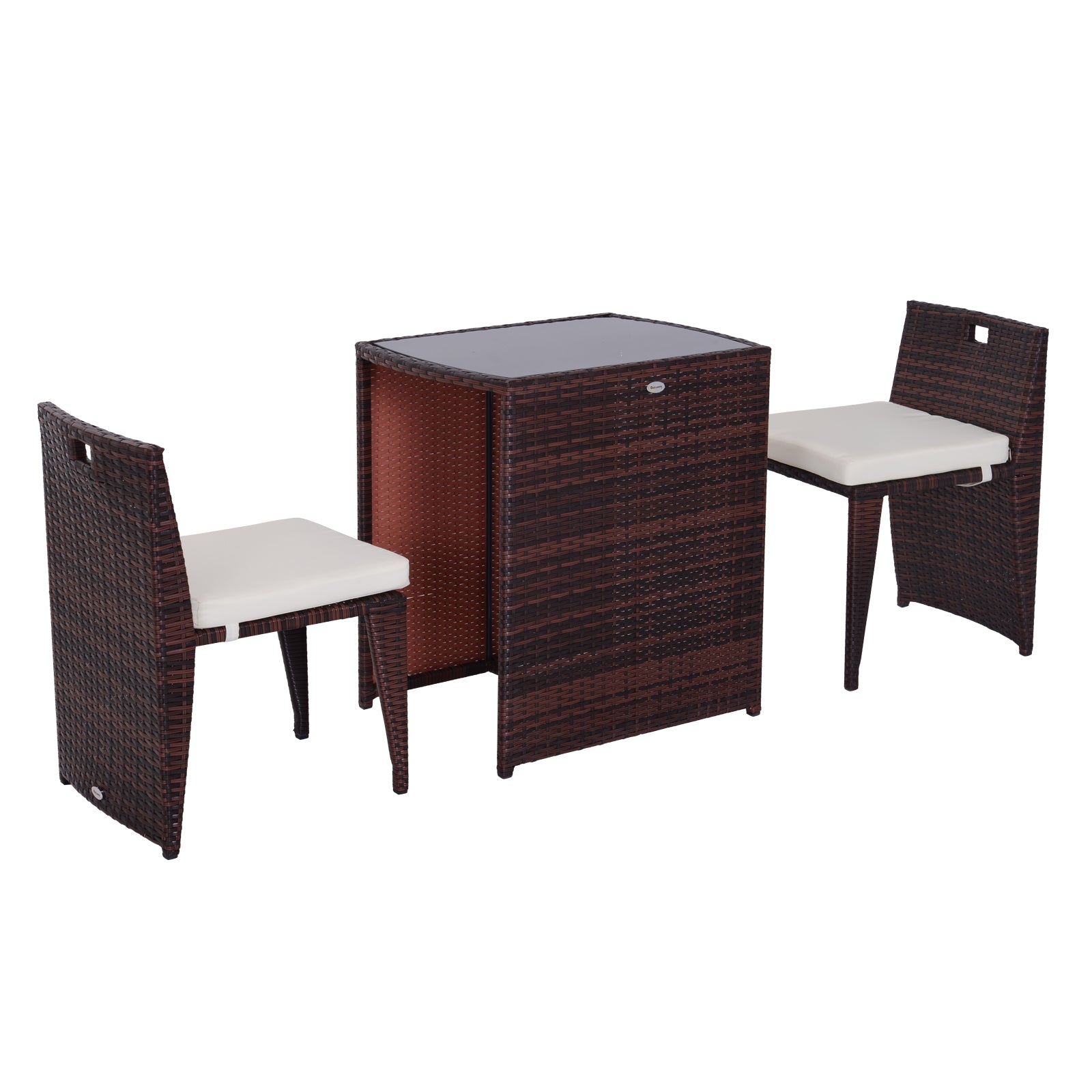 2-Piece Space-Saving Rattan Garden Furniture Set with 1 Table 66x50x73 cm and 2 Chairs 44x51x69.5 cm with Cushions, Brown and Beige