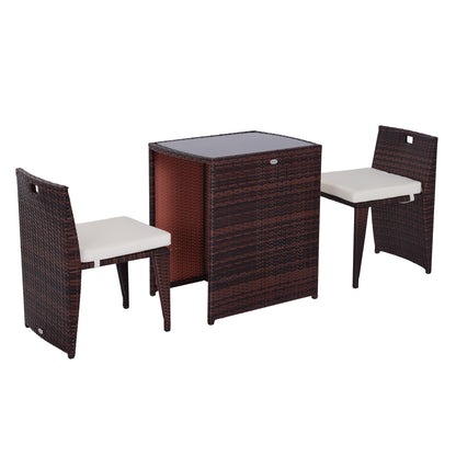 2-Piece Space-Saving Rattan Garden Furniture Set with 1 Table 66x50x73 cm and 2 Chairs 44x51x69.5 cm with Cushions, Brown and Beige