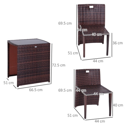 2-Piece Space-Saving Rattan Garden Furniture Set with 1 Table 66x50x73 cm and 2 Chairs 44x51x69.5 cm with Cushions, Brown and Beige