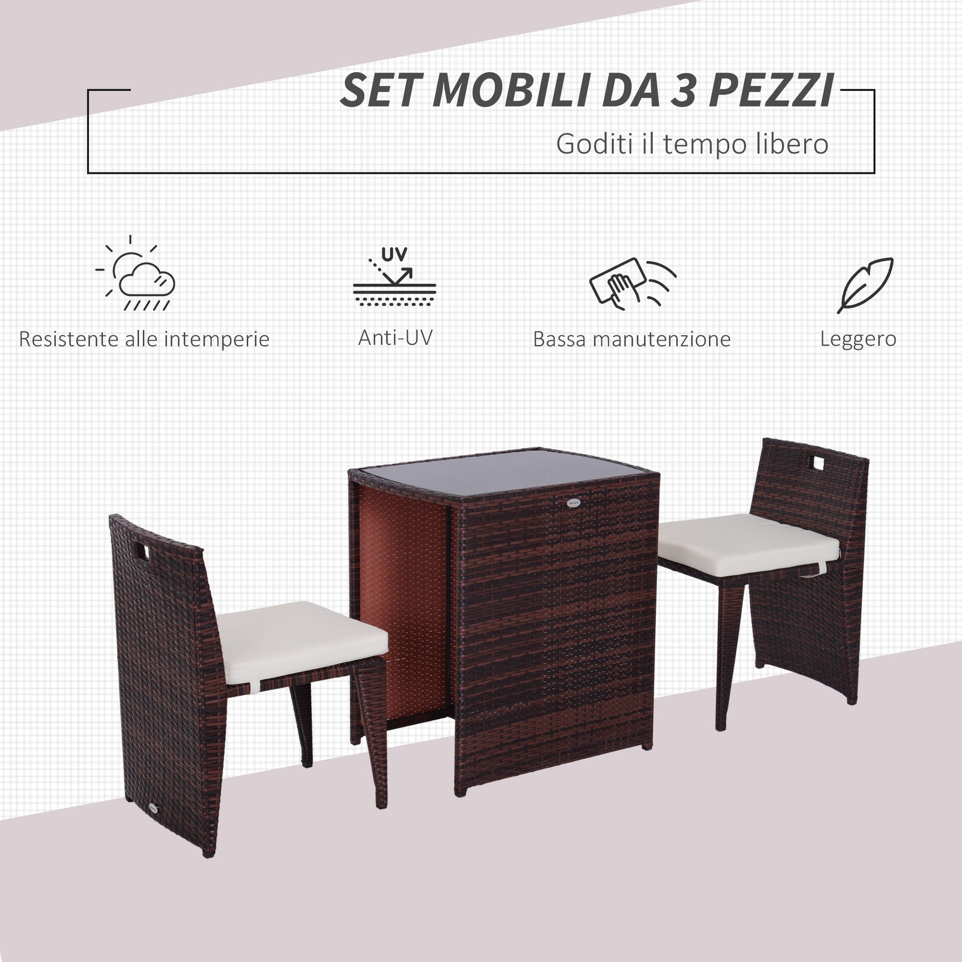 2-Piece Space-Saving Rattan Garden Furniture Set with 1 Table 66x50x73 cm and 2 Chairs 44x51x69.5 cm with Cushions, Brown and Beige