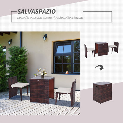 2-Piece Space-Saving Rattan Garden Furniture Set with 1 Table 66x50x73 cm and 2 Chairs 44x51x69.5 cm with Cushions, Brown and Beige