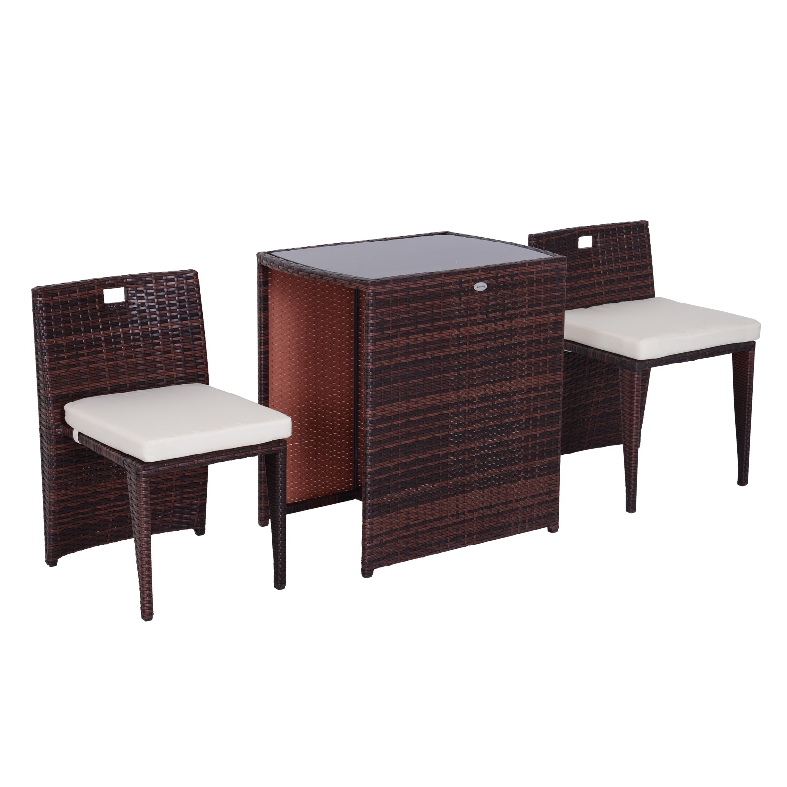 2-Piece Space-Saving Rattan Garden Furniture Set with 1 Table 66x50x73 cm and 2 Chairs 44x51x69.5 cm with Cushions, Brown and Beige