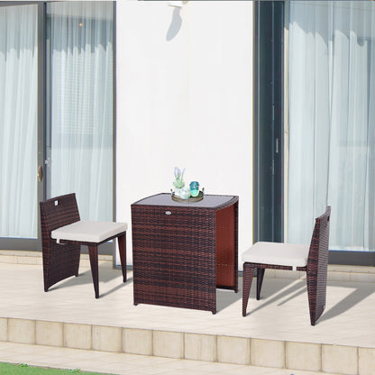 2-Piece Space-Saving Rattan Garden Furniture Set with 1 Table 66x50x73 cm and 2 Chairs 44x51x69.5 cm with Cushions, Brown and Beige