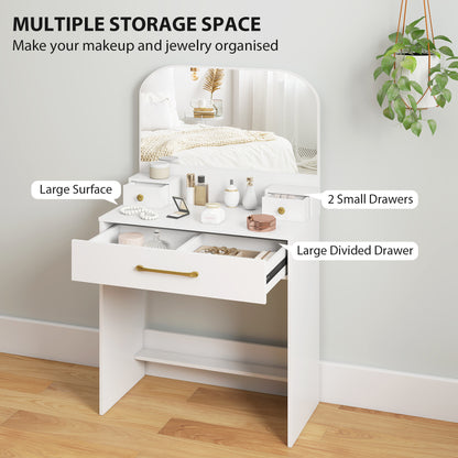 Curved-Mirror Vanity Table, 3-Drawer Makeup Desk for Small Spaces, White, 31.5 x 15.7 x 53.1 in