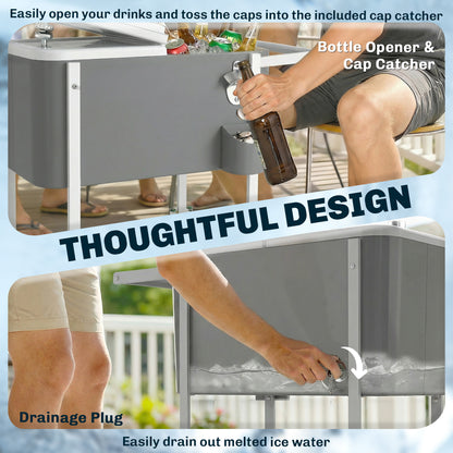 56L Wheeled Cooler Cart with Shelf, Bottle Opener, Cap Catcher, Drain & Handle — Outdoor Patio Party BBQ Cooler, 84 × 38 × 83 cm, Gray