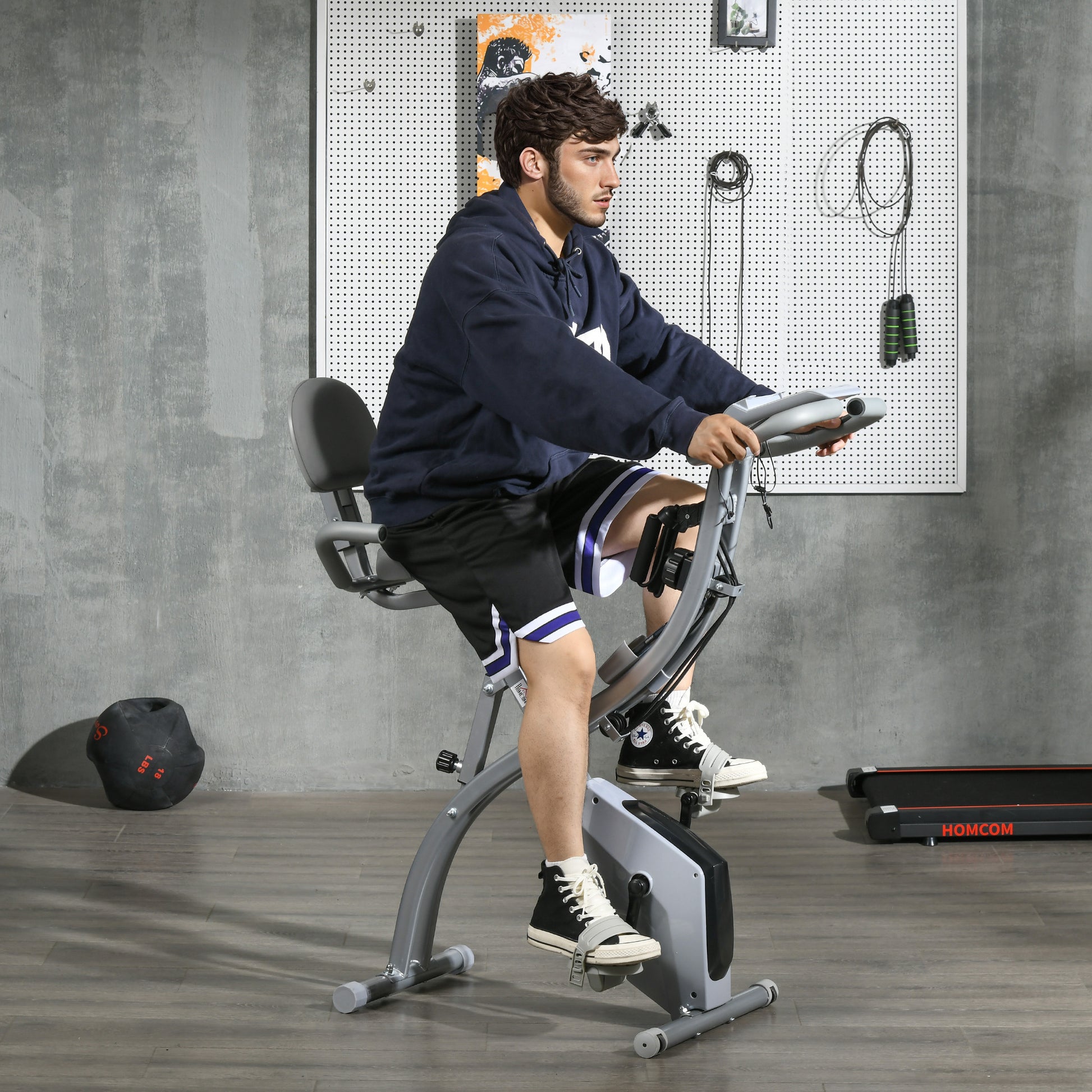 Folding Exercise Bike, Home Trainer for Adults, 8 Levels of Magnetic Resistance, Hand Pulse Sensors, Multifunction LCD Screen, Adjustable Seat, Steel, Silver Gray