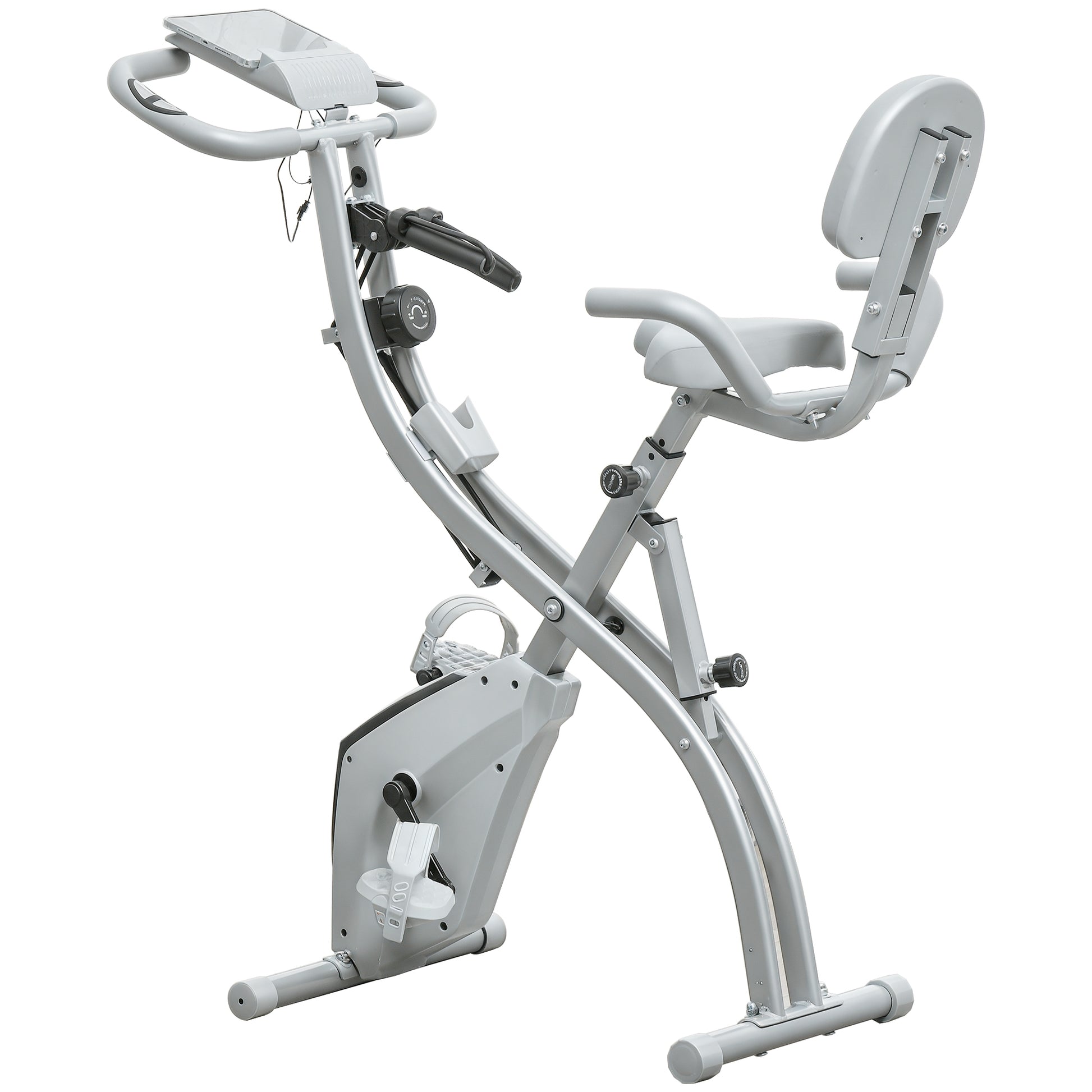 Folding Exercise Bike, Home Trainer for Adults, 8 Levels of Magnetic Resistance, Hand Pulse Sensors, Multifunction LCD Screen, Adjustable Seat, Steel, Silver Gray