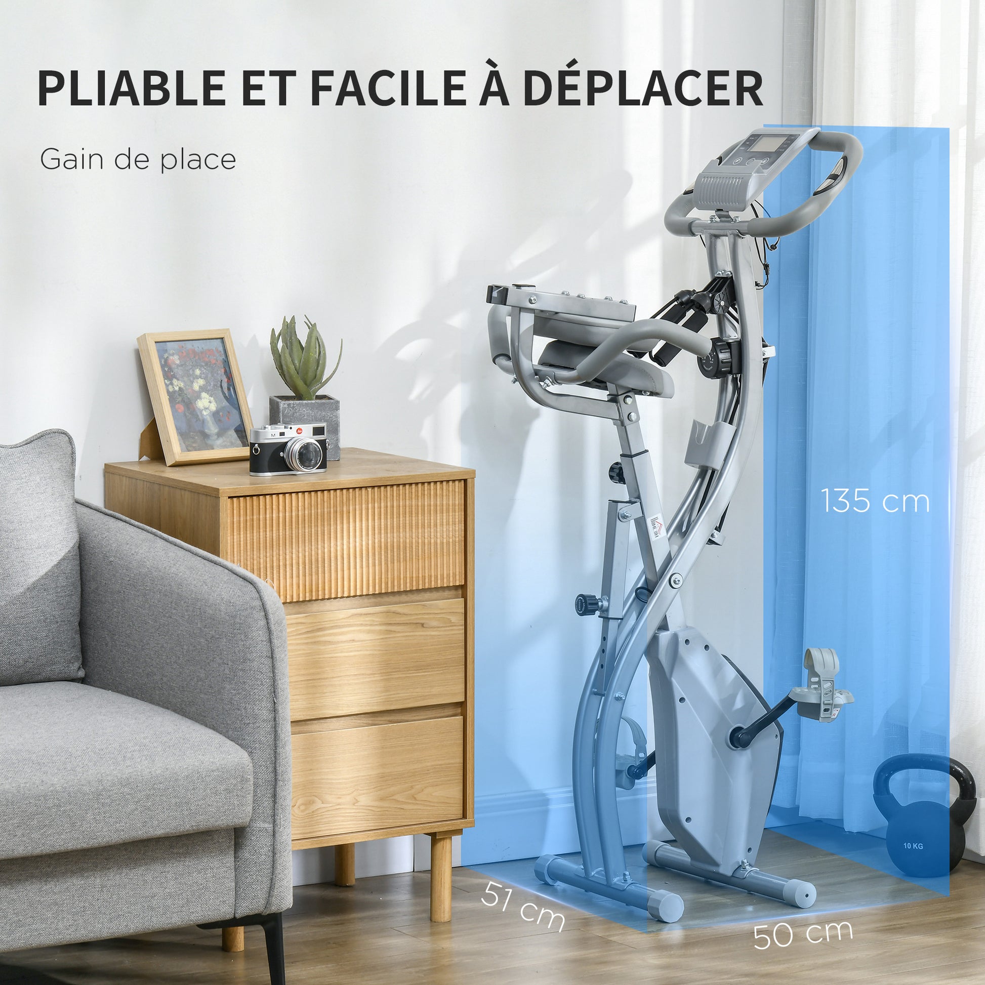 Folding Exercise Bike, Home Trainer for Adults, 8 Levels of Magnetic Resistance, Hand Pulse Sensors, Multifunction LCD Screen, Adjustable Seat, Steel, Silver Gray