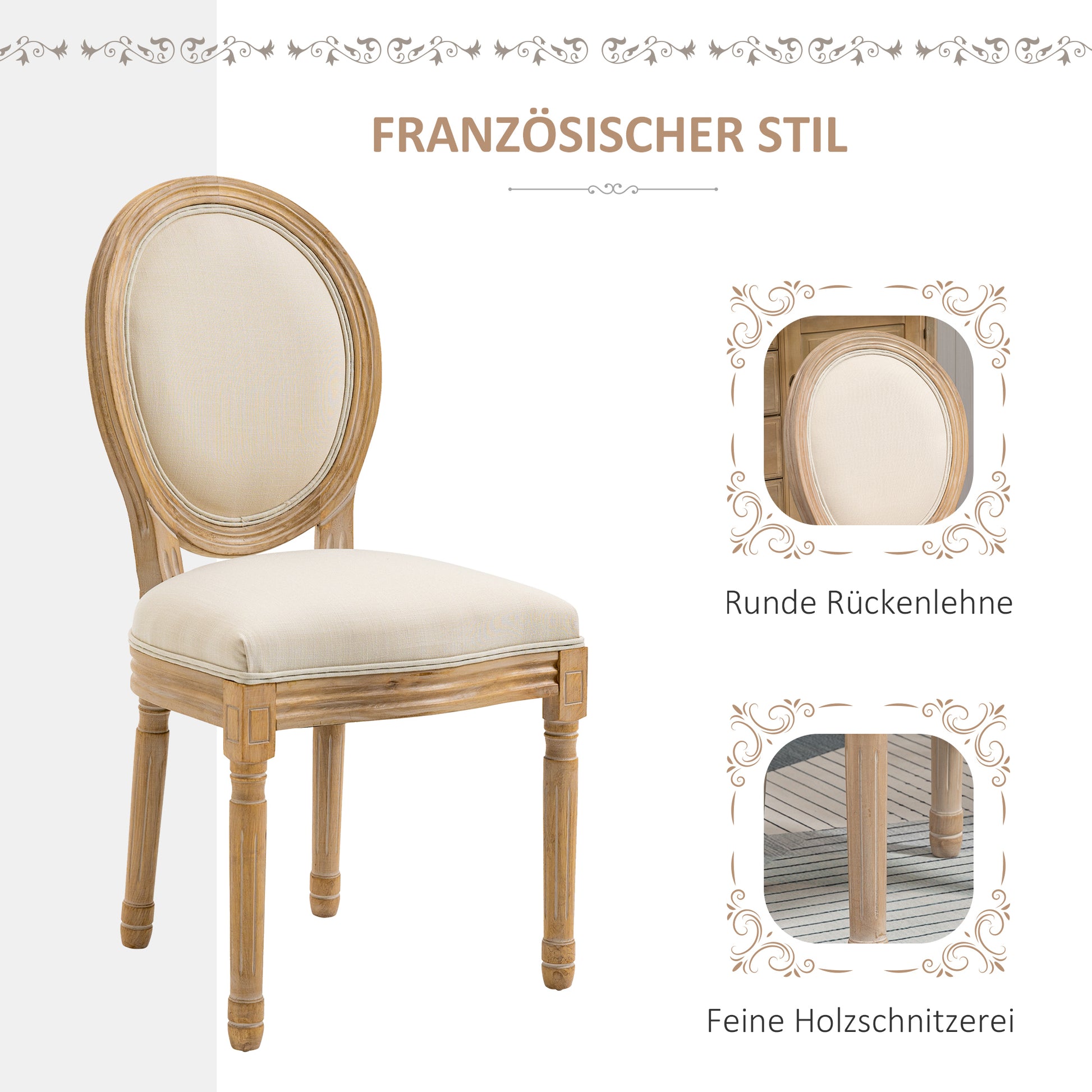 Set of 2 Dining Chairs Vintage Kitchen Chair Upholstered Chair with Backrest Linen-Touch Solid Wood Cream White+Natural 49 x 56 x 96 cm
