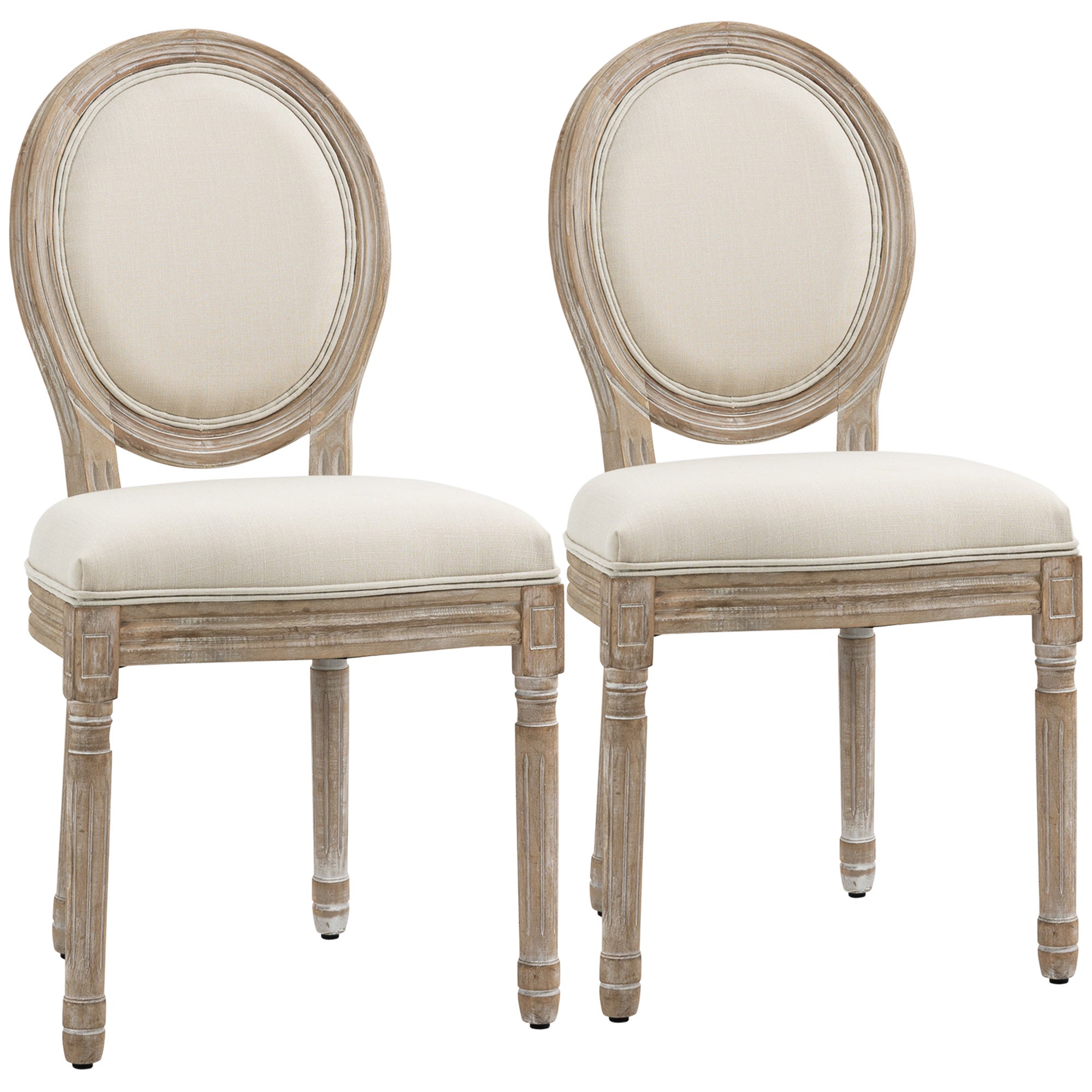 Set of 2 Dining Chairs Vintage Kitchen Chair Upholstered Chair with Backrest Linen-Touch Solid Wood Cream White+Natural 49 x 56 x 96 cm